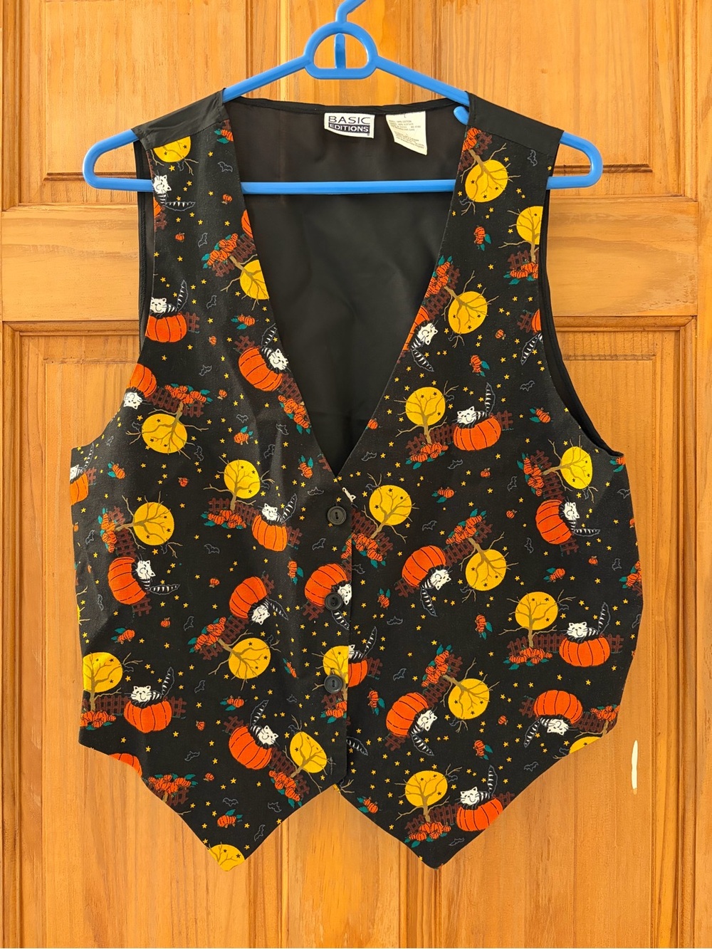 Vintage Halloween Vest Black Cat Pumpkin Large Basic Editions Button up